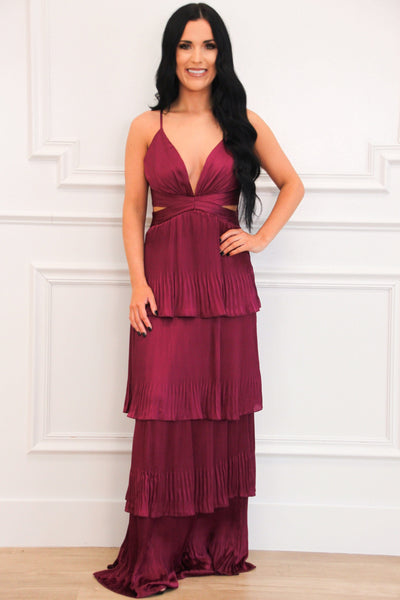 satin ruffle maxi dress in maroon Object Cocktail Dress 'OBJSALLY' female Red plain colored size 34