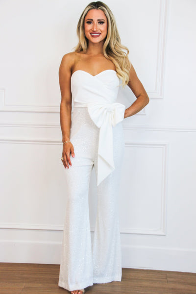 Park Avenue Sequin Bow Jumpsuit: White - Bella and Bloom Boutique