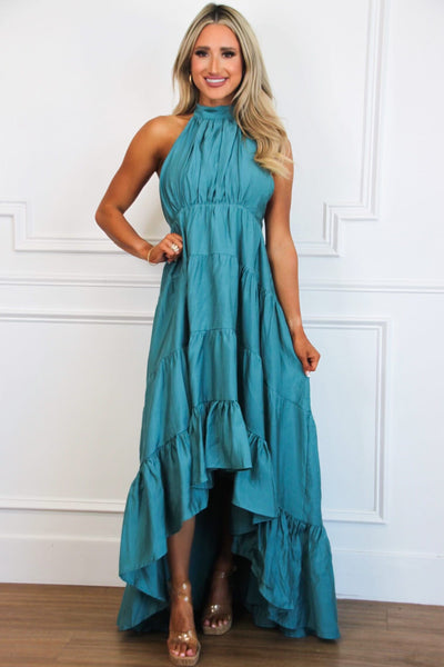 Oh, So Fabulous Halter Ruffle Maxi Dress: Teal Green - Bella and Bloom Boutique