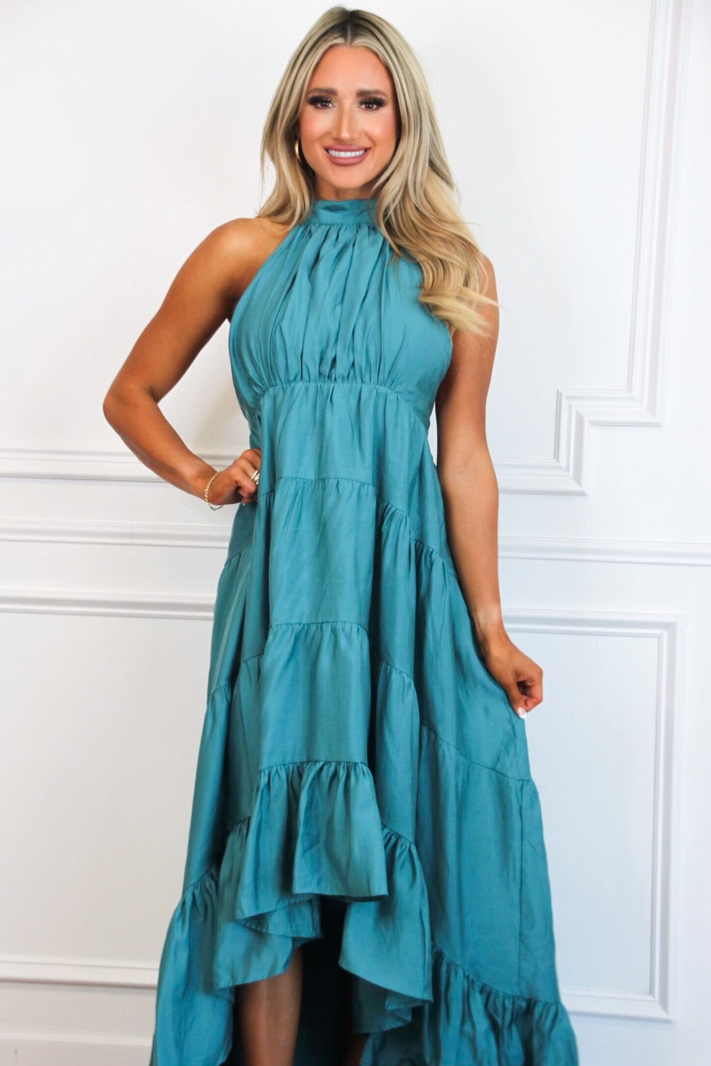 Oh, So Fabulous Halter Ruffle Maxi Dress: Teal Green - Bella and Bloom Boutique
