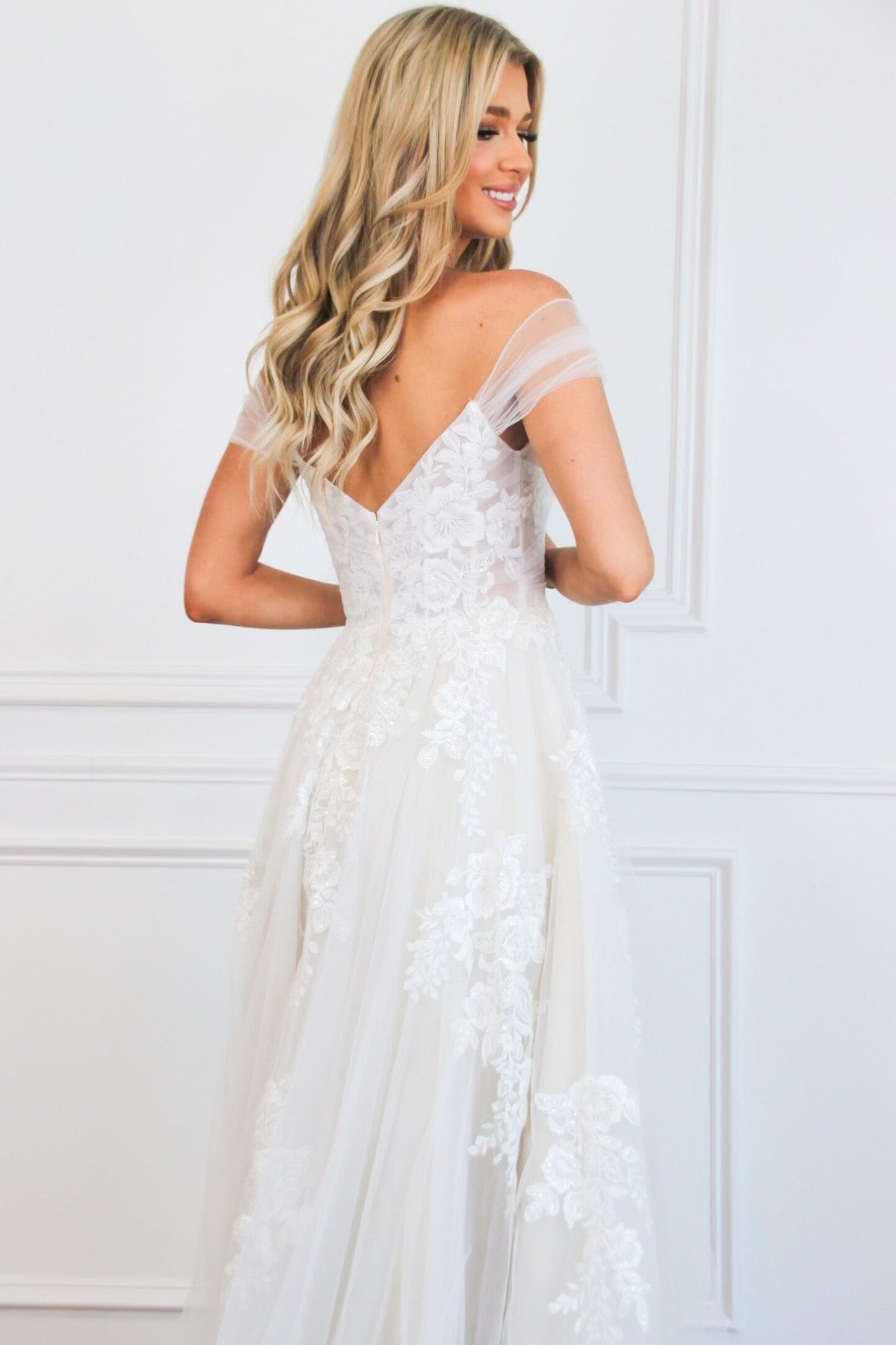 Jayne Off Shoulder Lace A Line Tulle Wedding Dress: White/Nude - Bella and Bloom Boutique