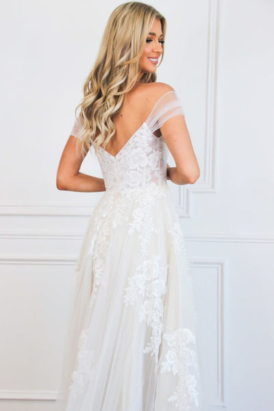 Jayne Off Shoulder Lace A Line Tulle Wedding Dress: White/Nude - Bella and Bloom Boutique