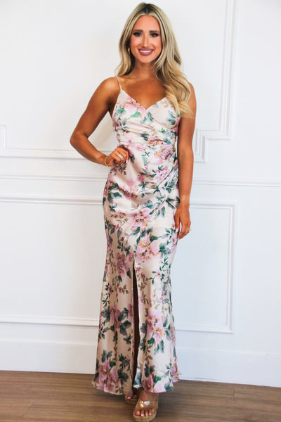 Morning Meadow Floral Satin Maxi Dress: Pale Pink - Bella and Bloom Boutique