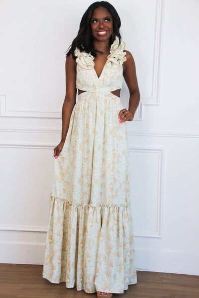 Floral Fantasy Ruffle Cutout Maxi Dress: Light Sage - Bella and Bloom Boutique