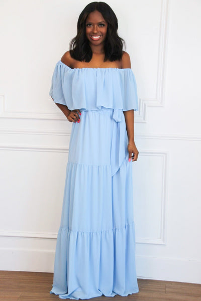 Chesney Off Shoulder Maxi Dress: Blue - Bella and Bloom Boutique