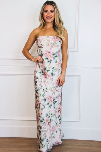 Locklin Strapless Satin Floral Maxi Dress: Pale Pink - Bella and Bloom Boutique