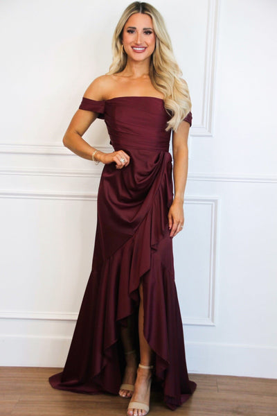 Renna Off Shoulder Satin Ruffle Maxi Dress: Wine - Bella and Bloom Boutique