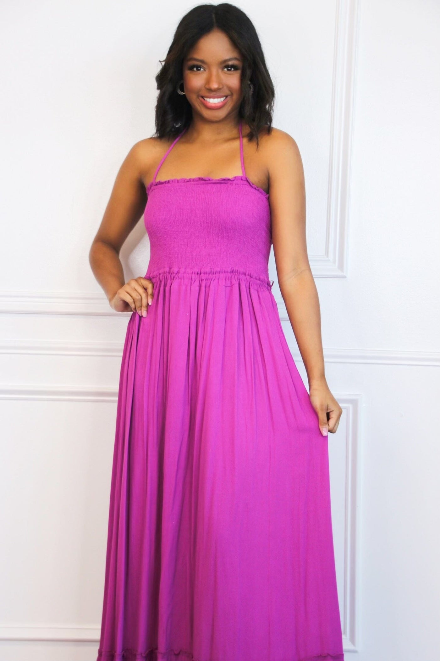 Chandler Smocked Open Back Maxi Dress: Orchid - Bella and Bloom Boutique