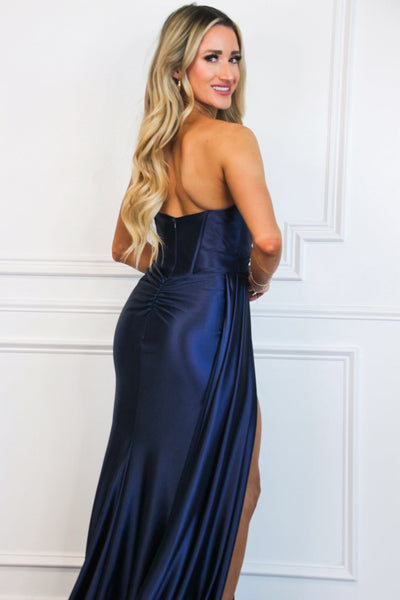 Whitley Strapless Satin Slit Formal Dress: Navy - Bella and Bloom Boutique