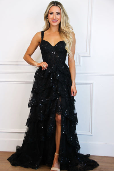Jolene Sparkly Lace Ruffle Bustier Formal Dress: Black - Bella and Bloom Boutique
