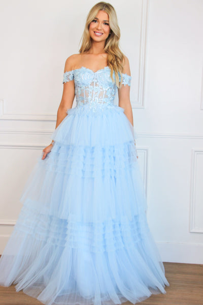 Vienna Sparkly Lace Bustier Tulle Ruffle Formal Dress: Light Blue - Bella and Bloom Boutique