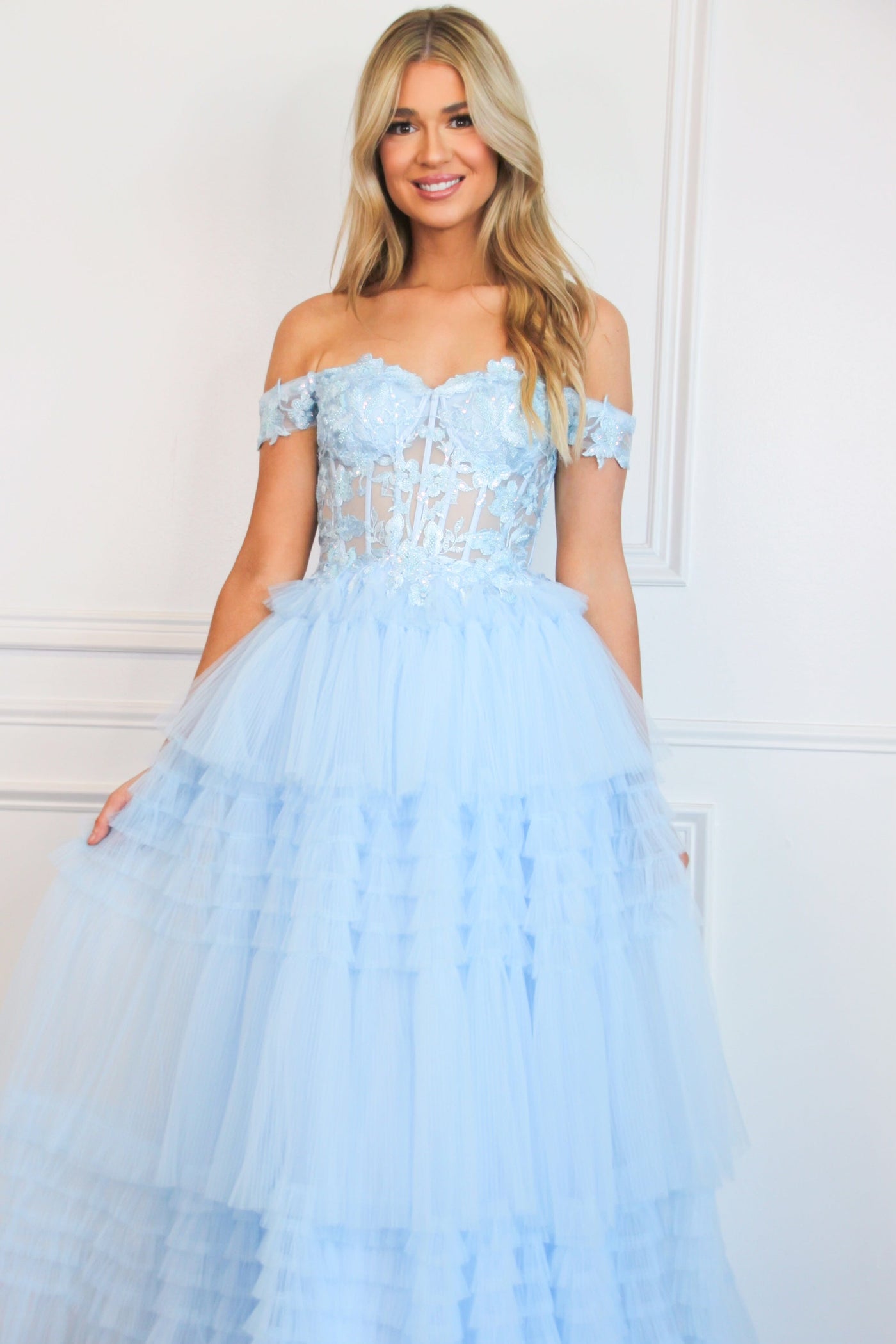 Vienna Sparkly Lace Bustier Tulle Ruffle Formal Dress: Light Blue - Bella and Bloom Boutique