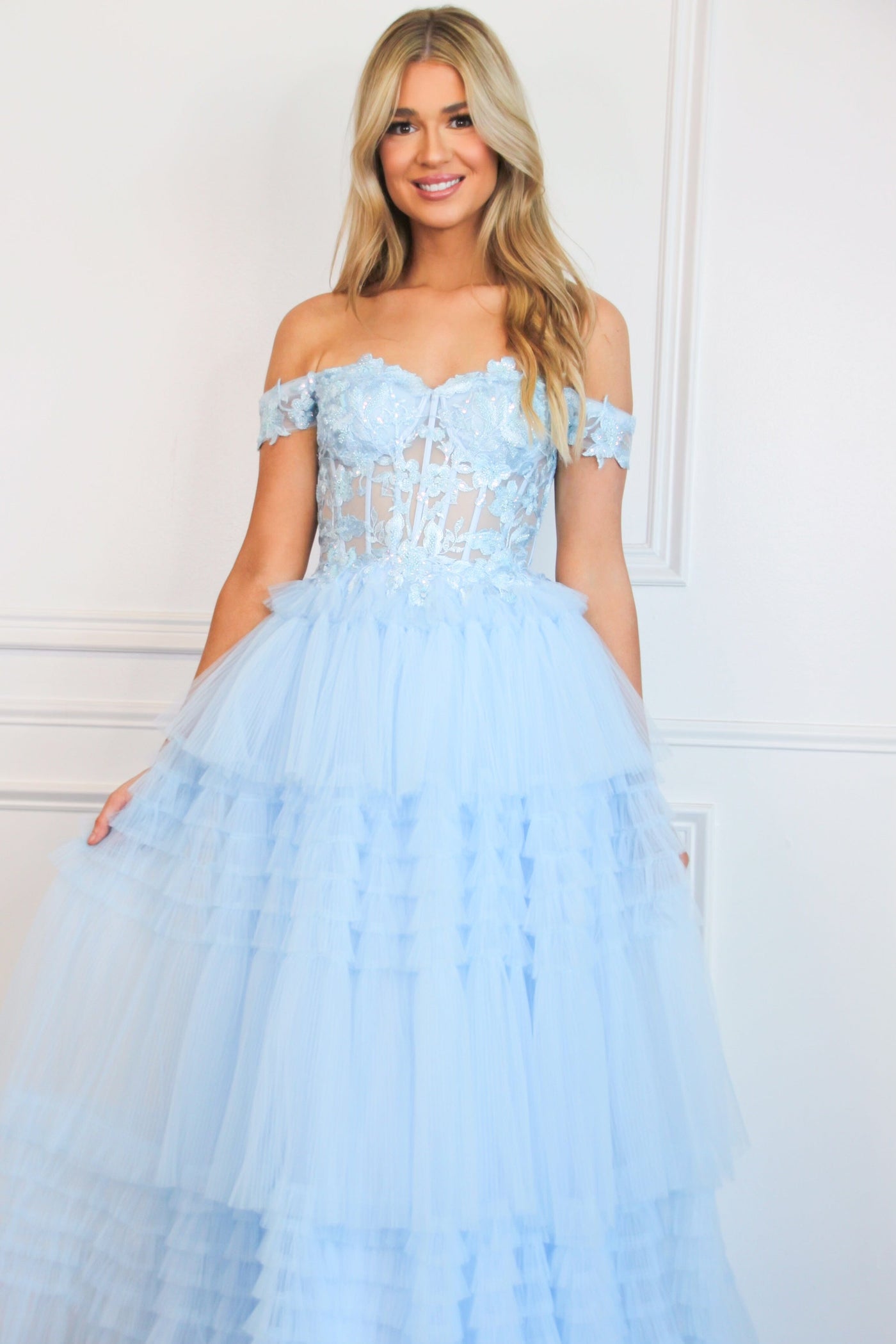 Bella and Bloom Boutique - Vienna Sparkly Lace Bustier Tulle Ruffle Formal Dress: Light Blue Bella and Bloom Boutique - Vienna Sparkly Lace Bustier Tulle Ruffle Formal Dress: Light Blue