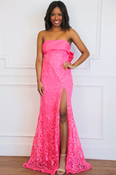 Hello Lover Bow Back Shimmer Lace Maxi Dress: Barbie Pink - Bella and Bloom Boutique