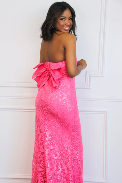 Hello Lover Bow Back Shimmer Lace Maxi Dress: Barbie Pink - Bella and Bloom Boutique