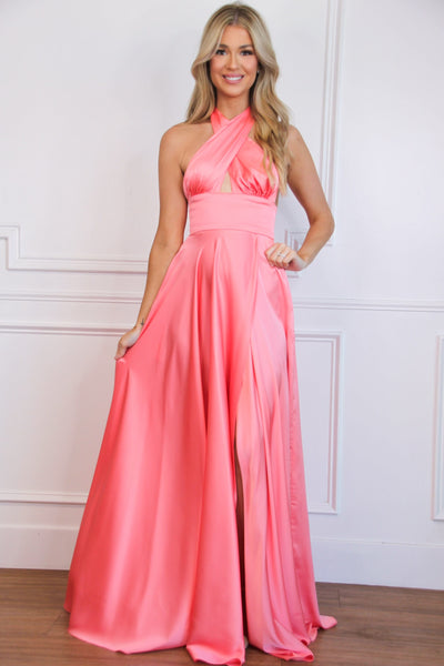 Jaycee Satin Halter Neck Slit Formal Dress: Bright Coral Pink - Bella and Bloom Boutique