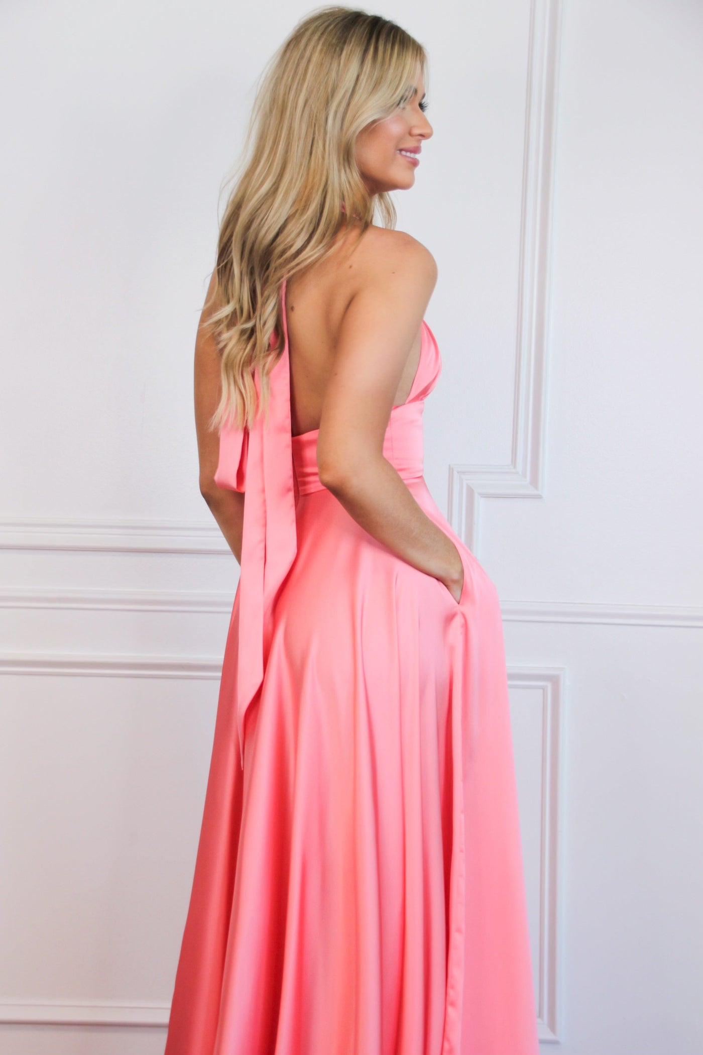 Jaycee Satin Halter Neck Slit Formal Dress: Bright Coral Pink - Bella and Bloom Boutique
