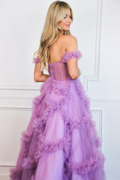 Speak Now Off Shoulder Bustier Ruffle Formal Dress: Lavender - Bella and Bloom Boutique
