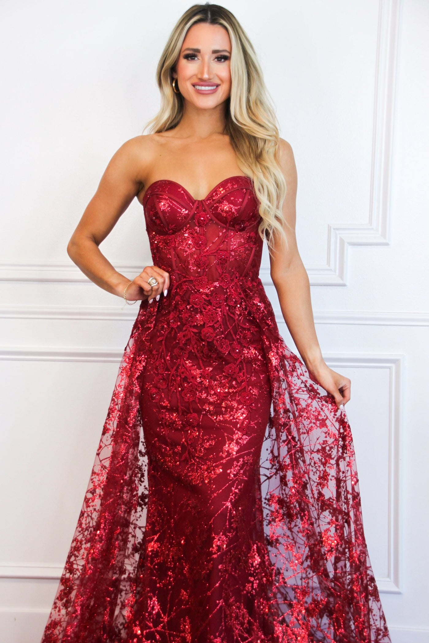 Sealed With a Kiss Sparkly Bustier Cape Formal Dress: Deep Red - Bella and Bloom Boutique