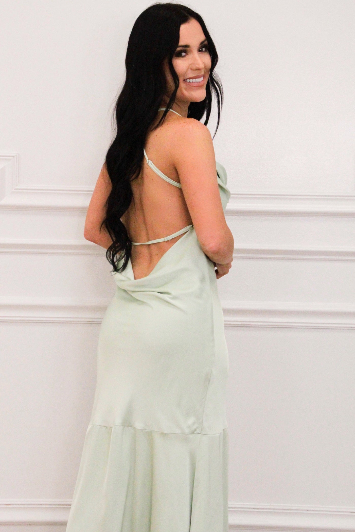 Michaela Open Back Cowl Neck Satin Button Maxi Dress: Mint Pastel Green Large / Pastel Green Michaela Open Back Cowl Neck Satin Button Maxi Dress: Mint Pastel Green Large / Pastel Green