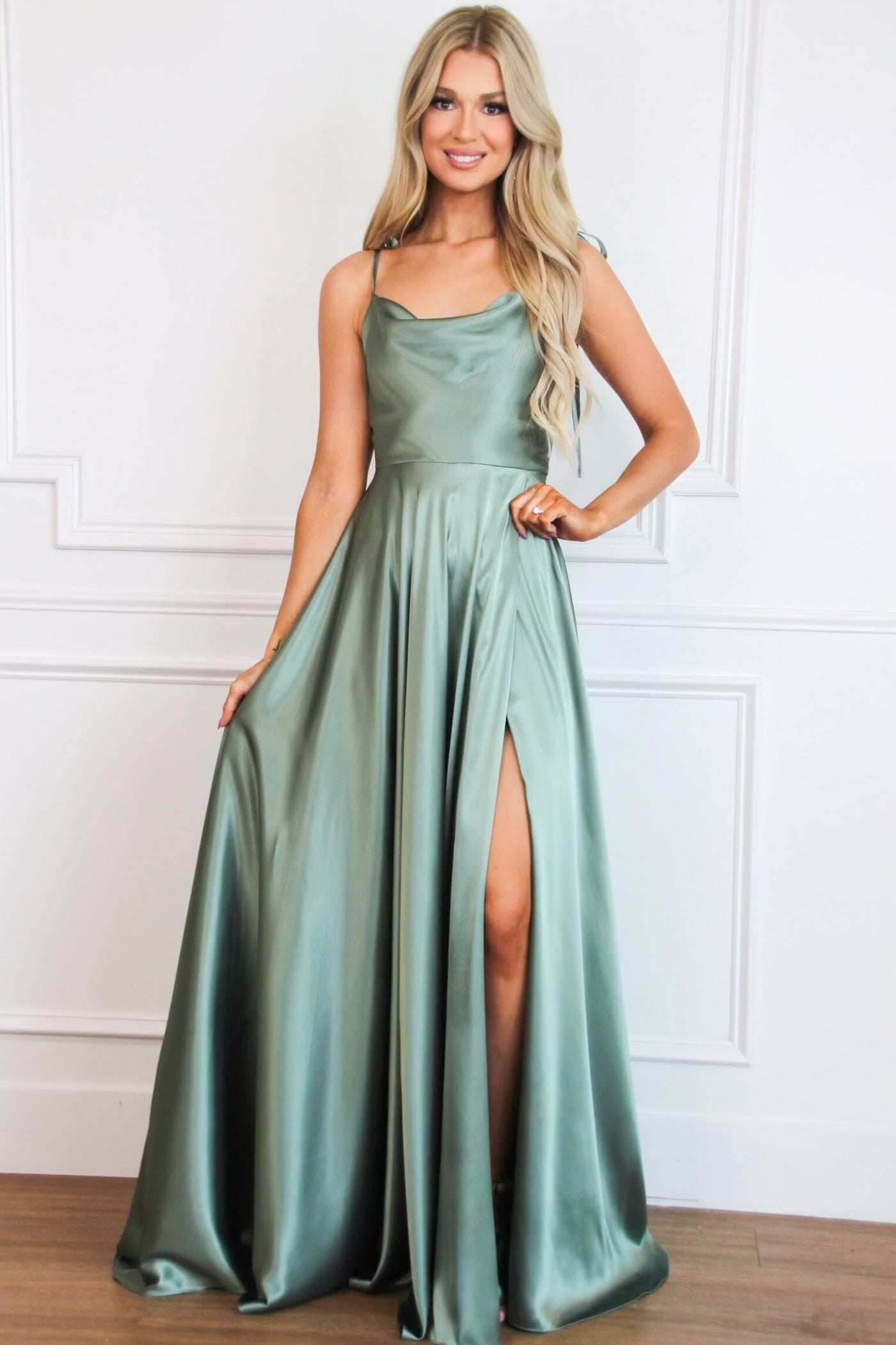 moss green formal dress Bella and Bloom Boutique