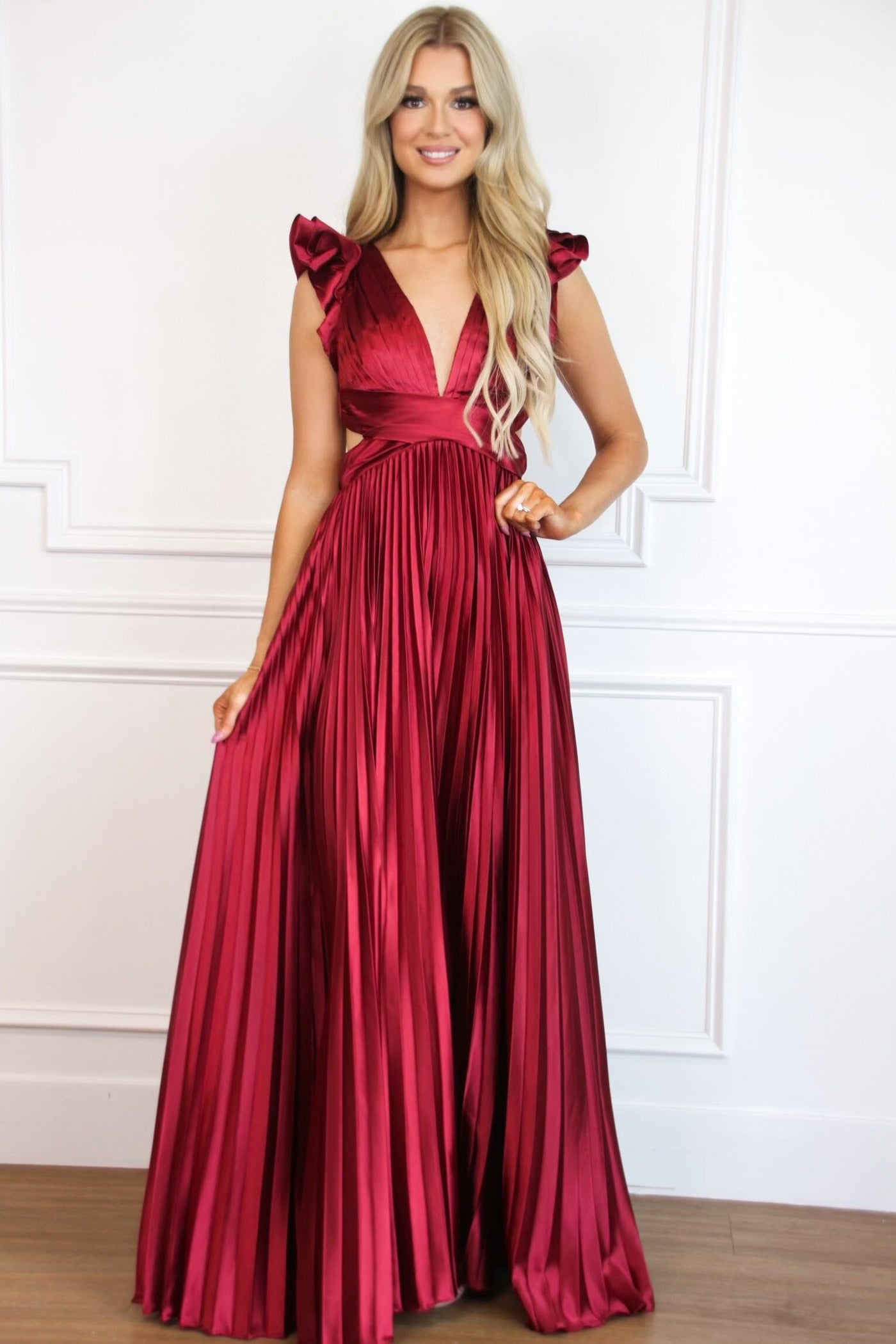 Somewhere With You Pleated Open Back Maxi Dress: Burgundy - Bella and Bloom Boutique