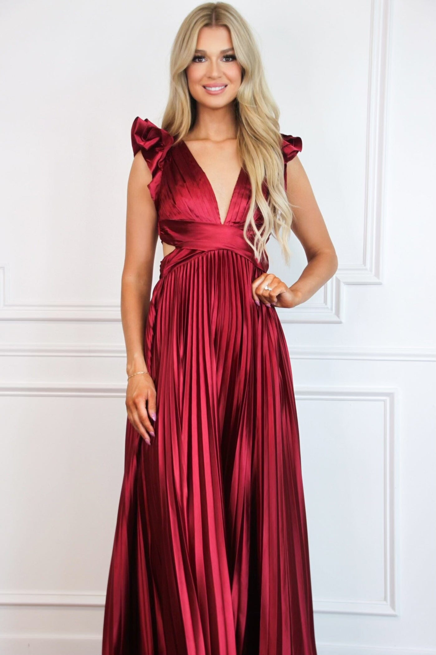 Somewhere With You Pleated Open Back Maxi Dress: Burgundy Bottoms Bella and Bloom Boutique 