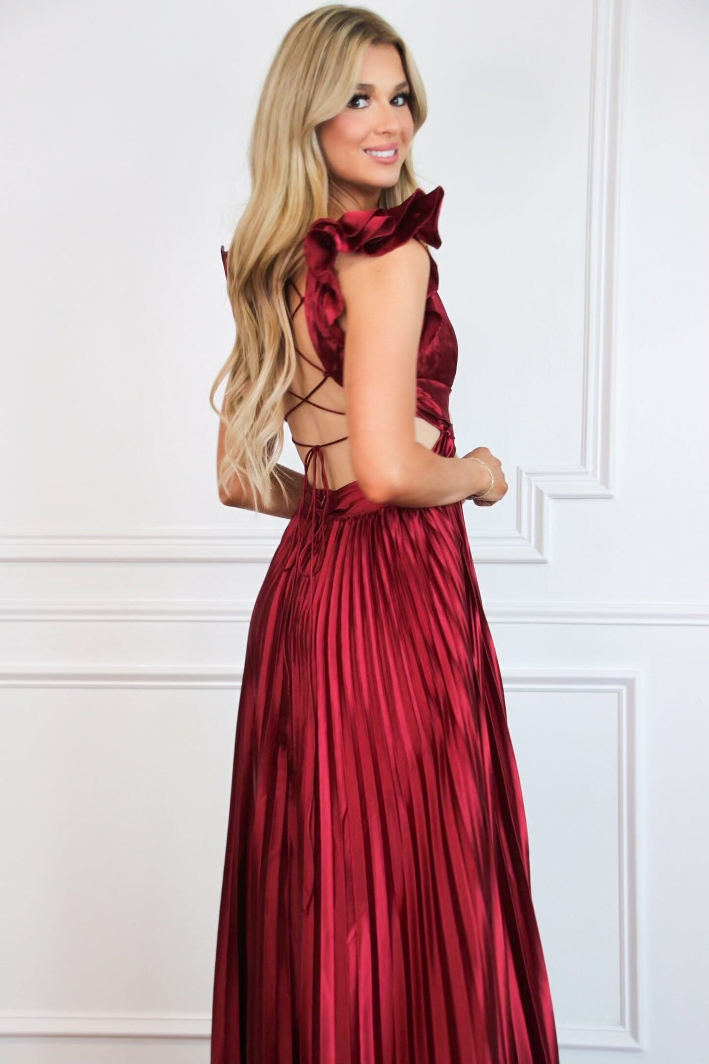 Somewhere With You Pleated Open Back Maxi Dress: Burgundy Bottoms Bella and Bloom Boutique 