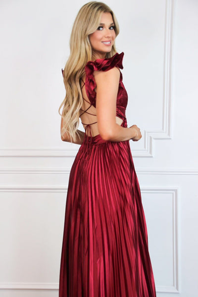 Somewhere With You Pleated Open Back Maxi Dress: Burgundy - Bella and Bloom Boutique