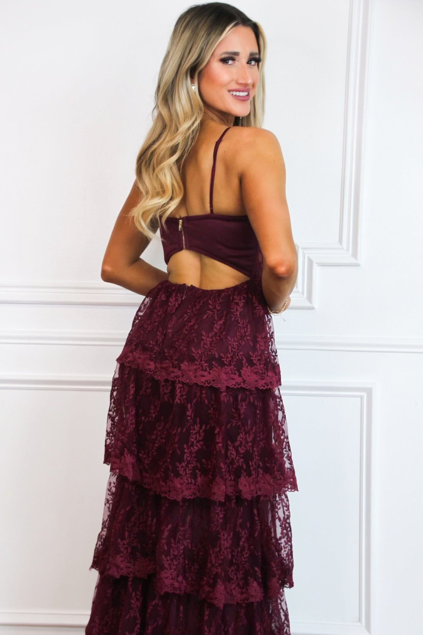 Beyond Romance Ruffle Lace Bustier Maxi Dress: Wine - Bella and Bloom Boutique