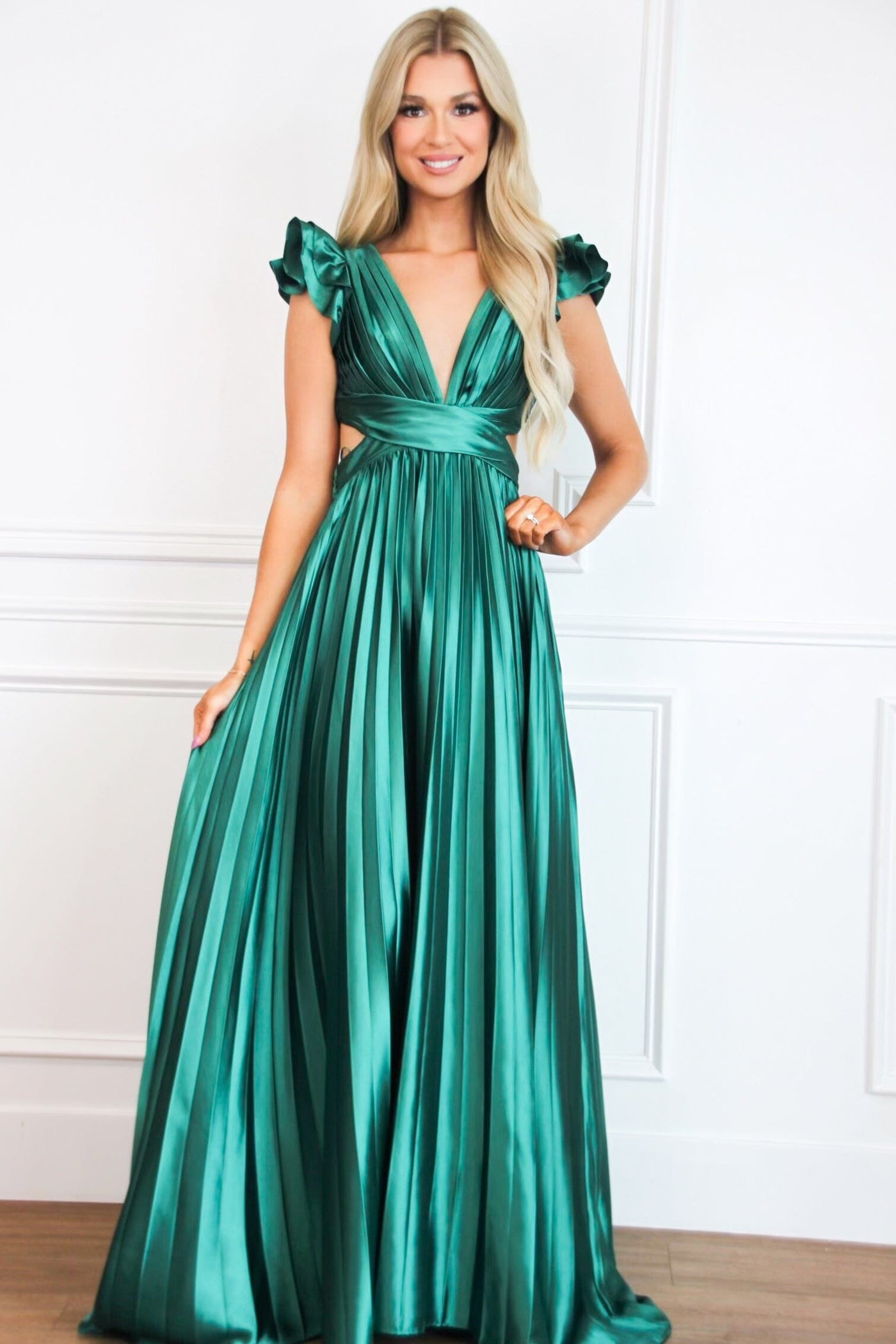 Somewhere With You Pleated Open Back Maxi Dress: Emerald - Bella and Bloom Boutique