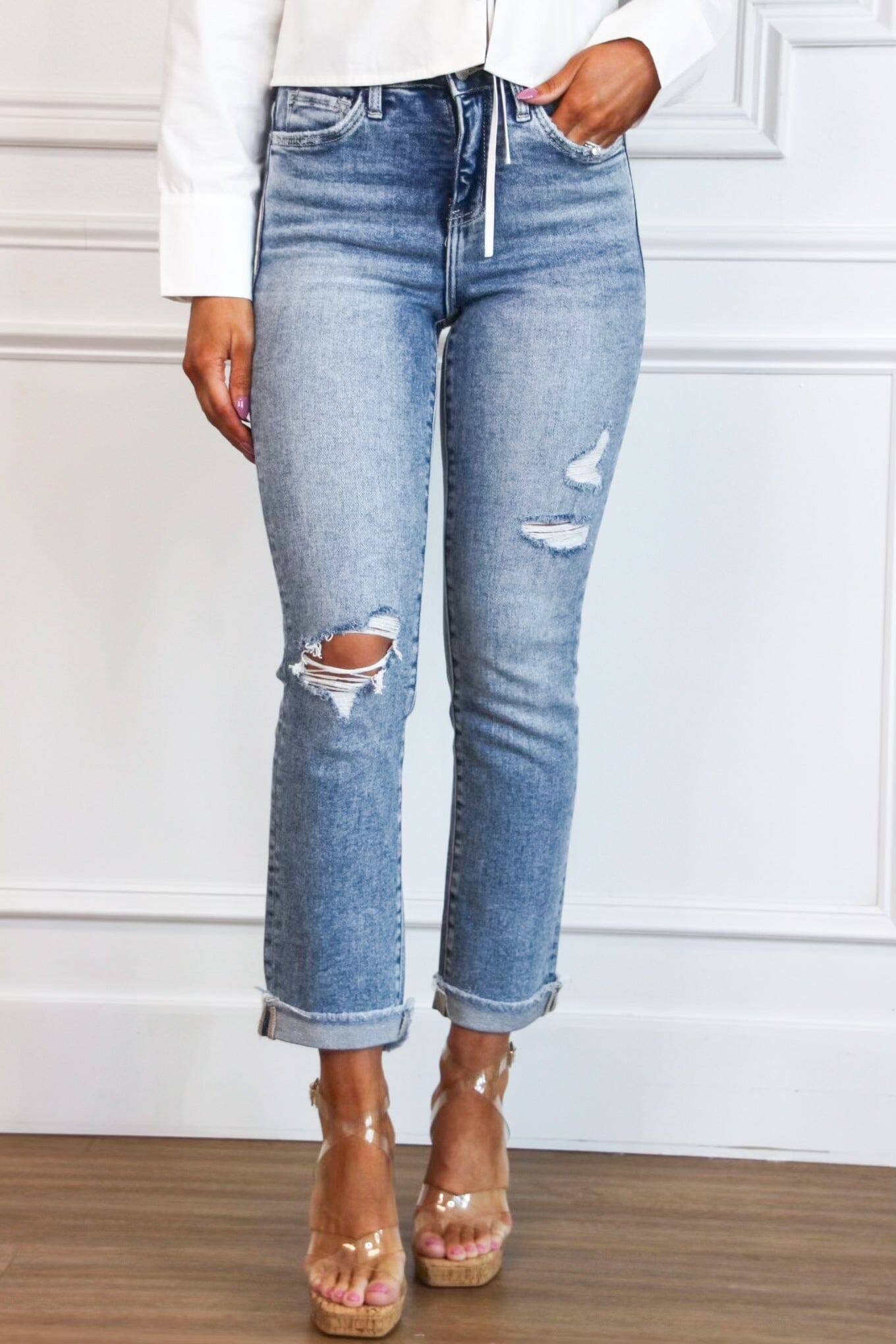 Jadelyn High Rise Distressed Straight Denim: Medium Wash - Bella and Bloom Boutique