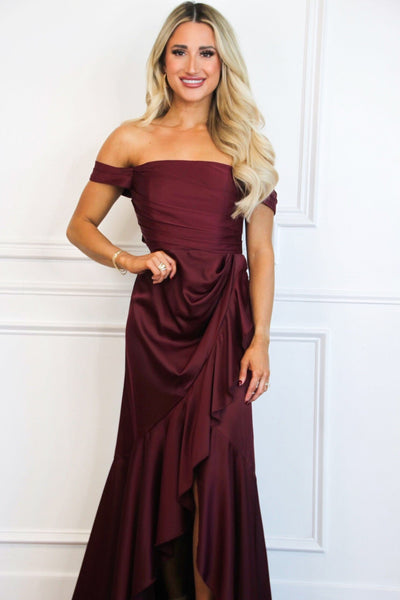 Renna Off Shoulder Satin Ruffle Maxi Dress: Wine - Bella and Bloom Boutique