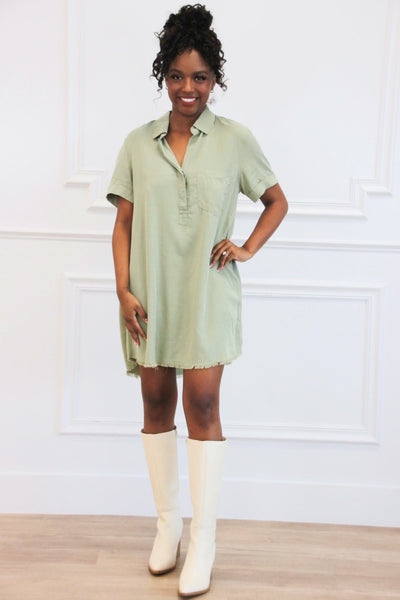 Comfy Essential Washed Denim Shirt Dress: Olive - Bella and Bloom Boutique