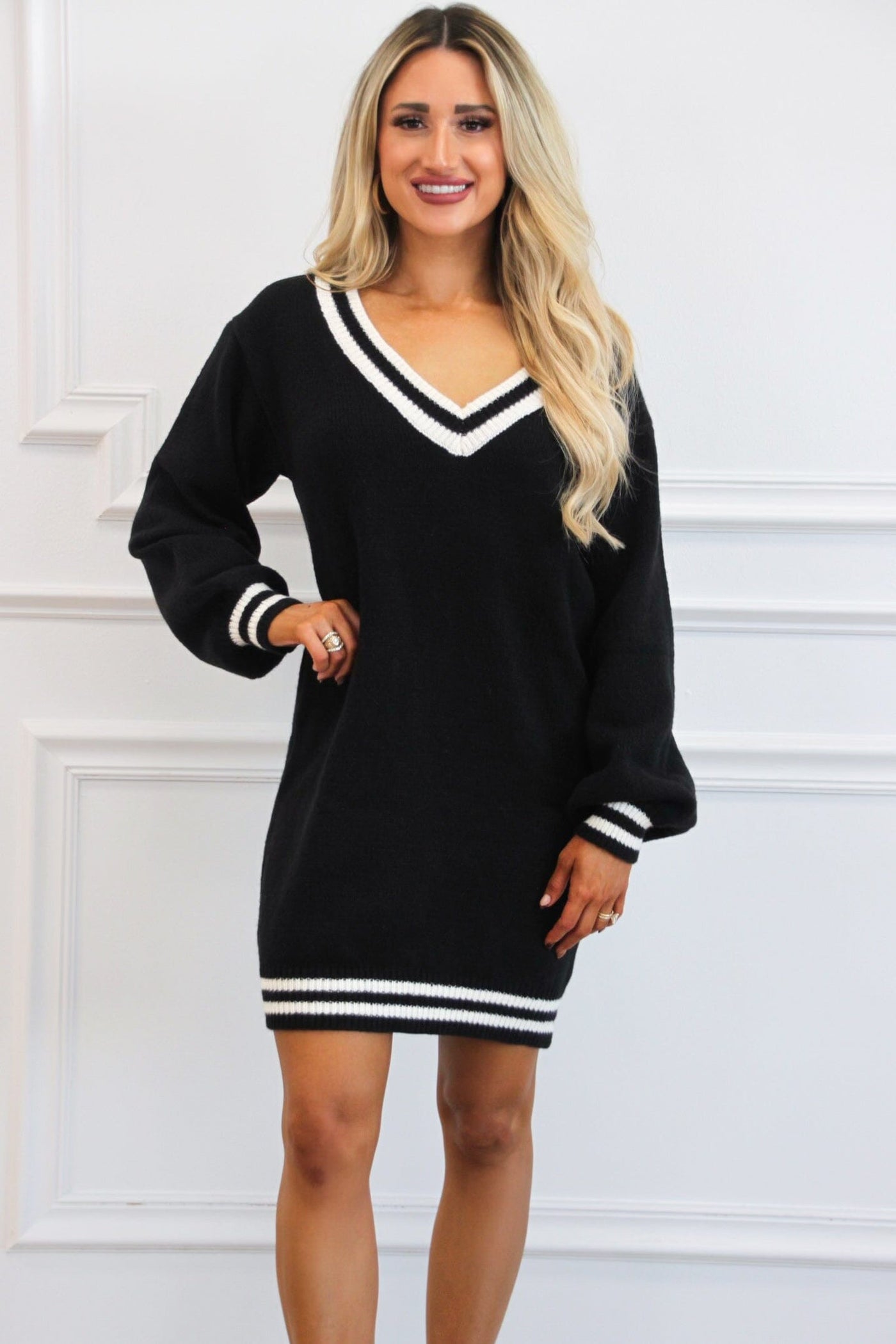 Varsity V Neck Sweater Dress: Black/Ivory - Bella and Bloom Boutique