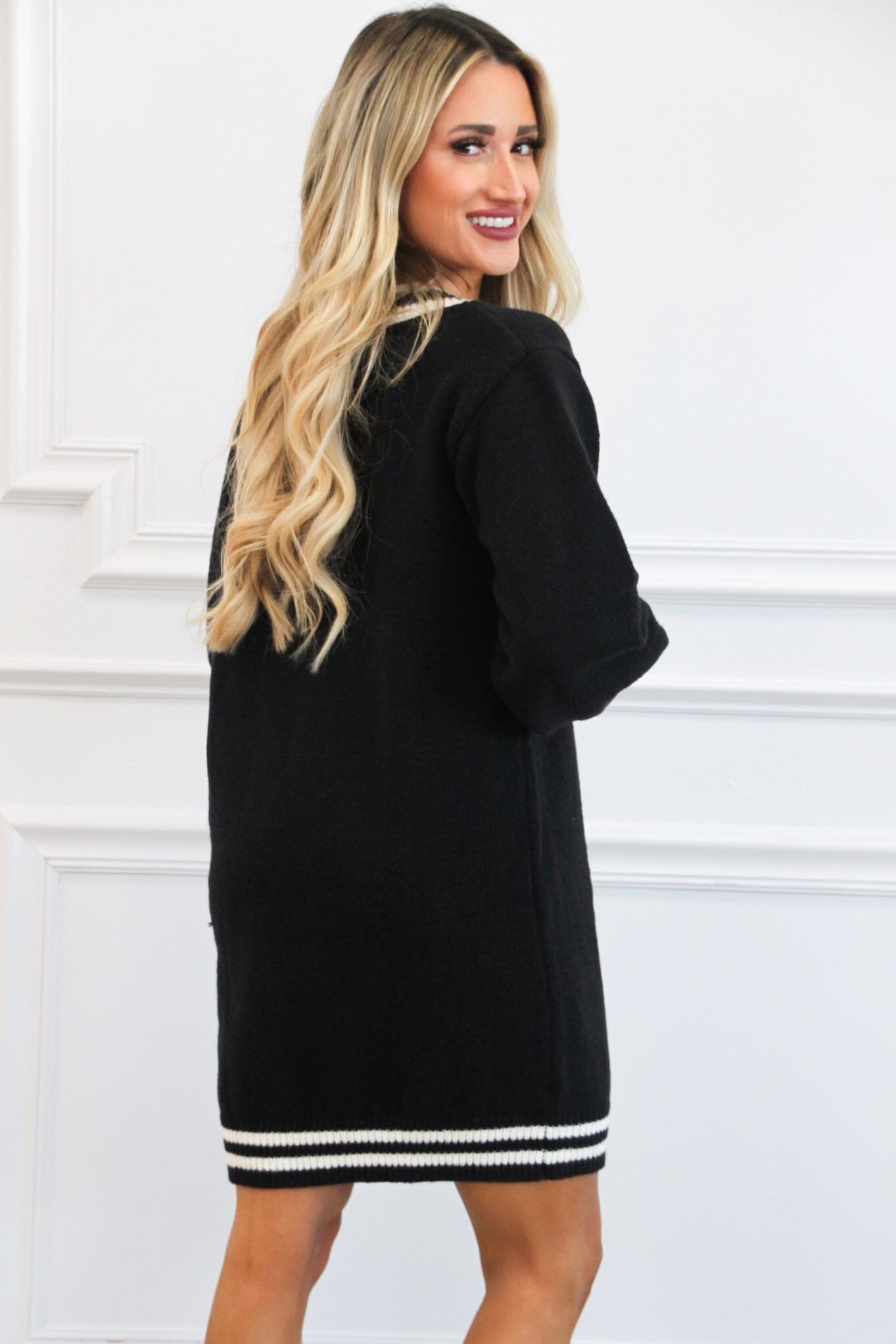 Varsity V Neck Sweater Dress: Black/Ivory - Bella and Bloom Boutique