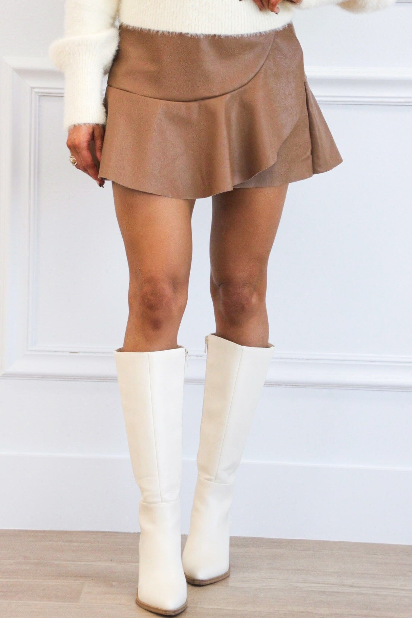 Netta Faux Leather Ruffle Skirt: Mocha - Bella and Bloom Boutique