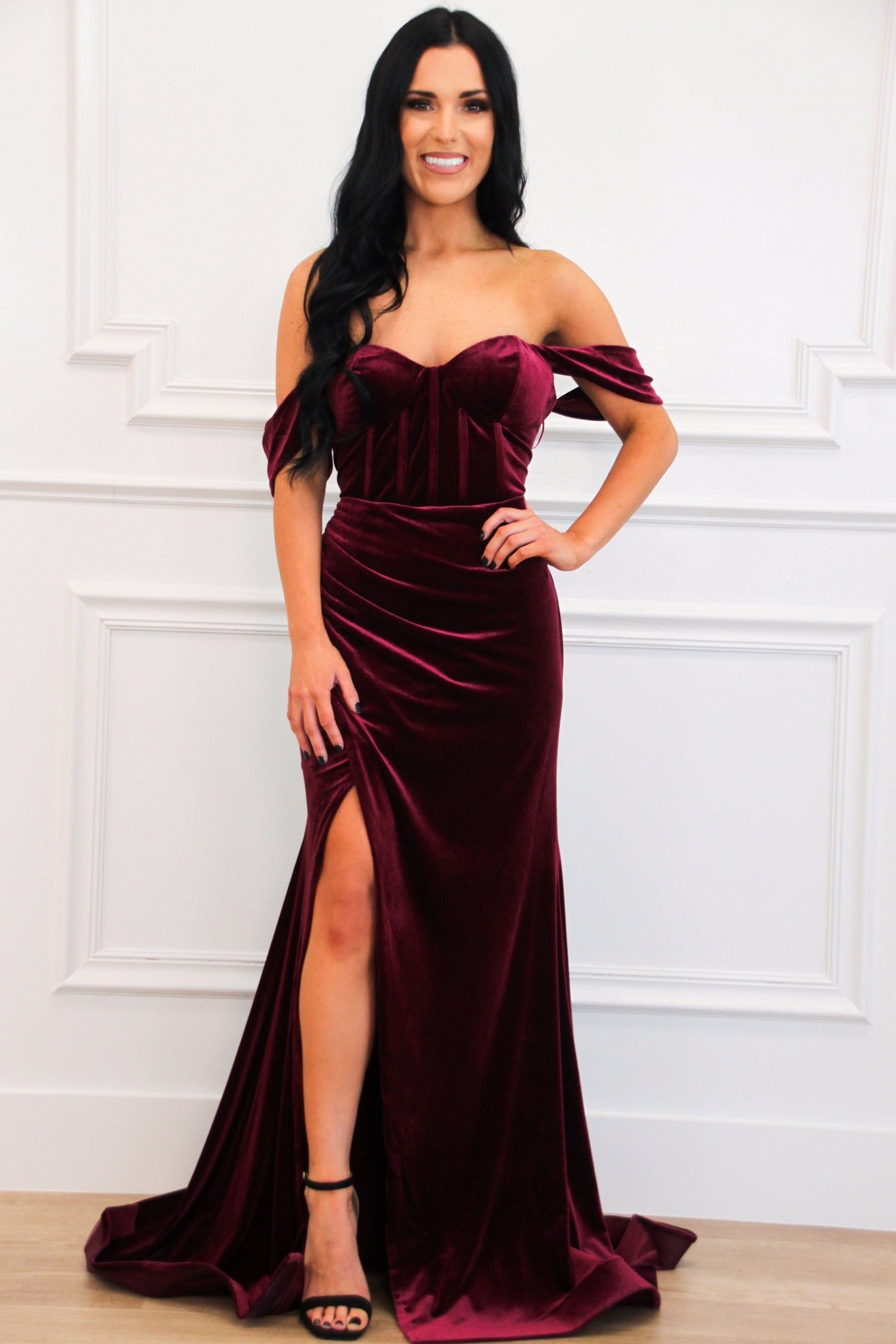 Winona Velvet Bustier Off Shoulder Maxi Dress: Wine - Bella and Bloom Boutique