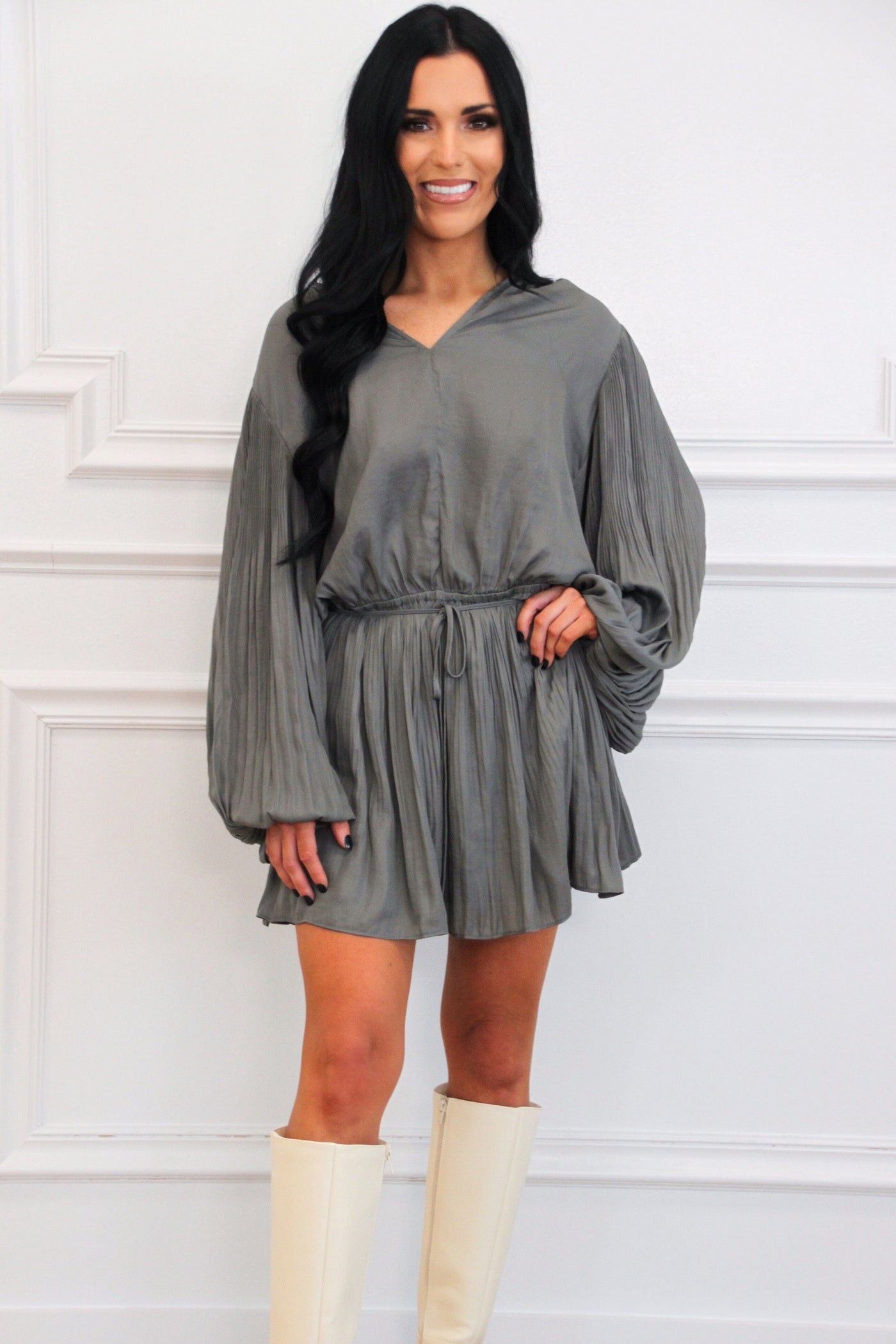 Let It Be Pleated Tunic Dress: Gray Sage - Bella and Bloom Boutique