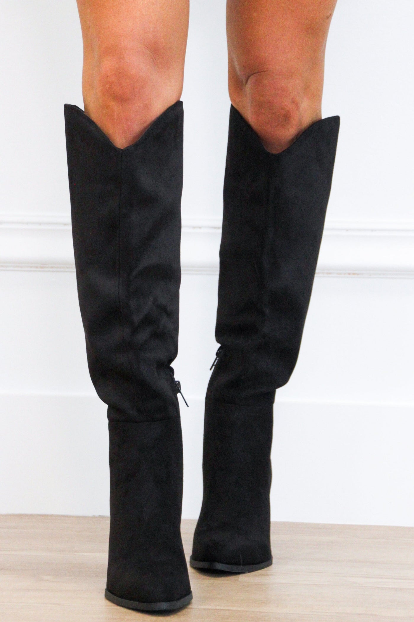 Block Heel Black Suede Knee High Boots Fallal Suede Knee High
