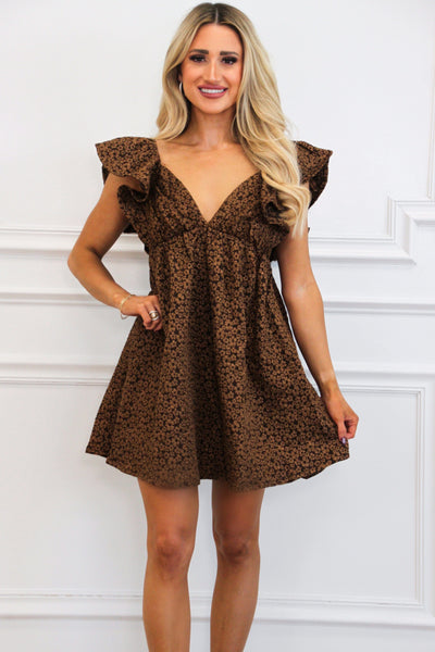 Perry Floral Jacquard Babydoll Dress: Brown - Bella and Bloom Boutique