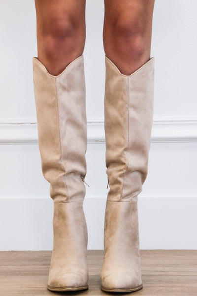 Fallal Suede Knee High Block Heel Boots: Clay Beige - Bella and Bloom Boutique