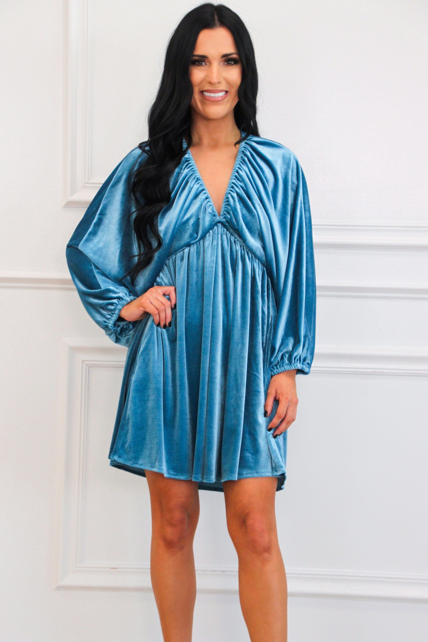 Luxe Feeling Velvet Dress: Blue - Bella and Bloom Boutique