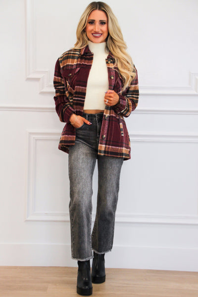 Lawrence Plaid Sherpa Lined Shacket: Burgundy - Bella and Bloom Boutique