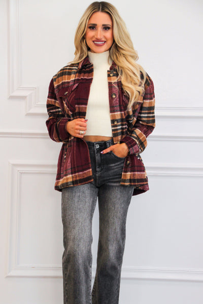 Lawrence Plaid Sherpa Lined Shacket: Burgundy - Bella and Bloom Boutique