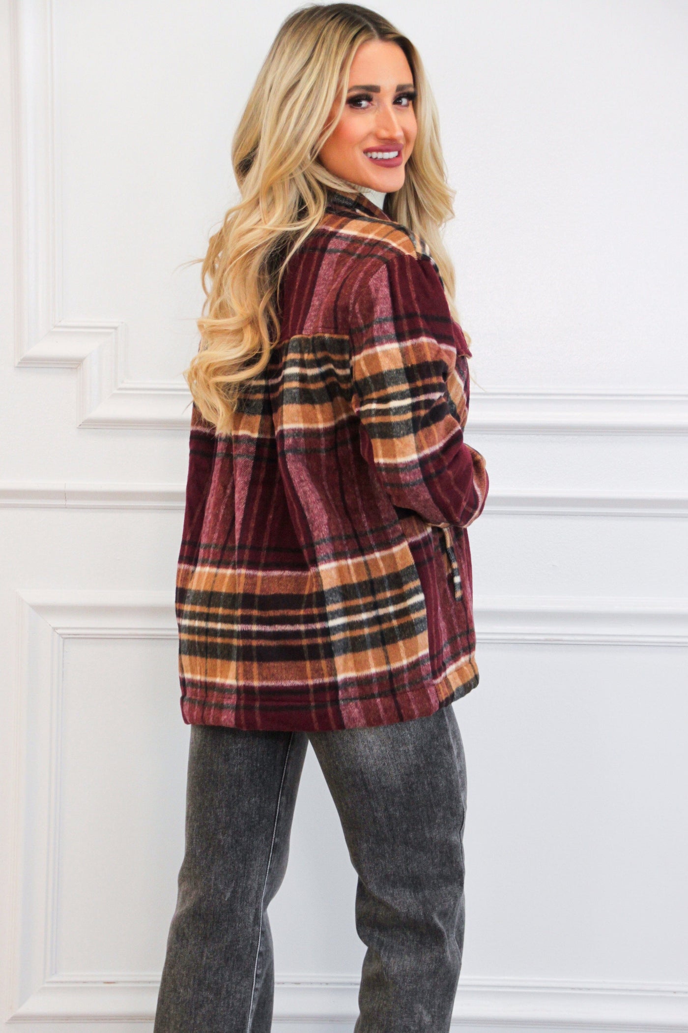 Lawrence Plaid Sherpa Lined Shacket: Burgundy - Bella and Bloom Boutique