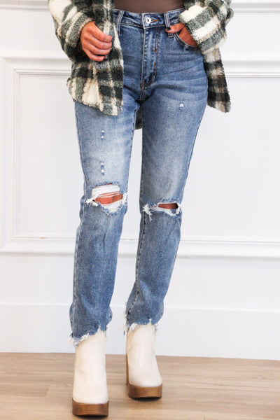 Addie Distressed Mid Rise Straight Denim: Medium Wash - Bella and Bloom Boutique