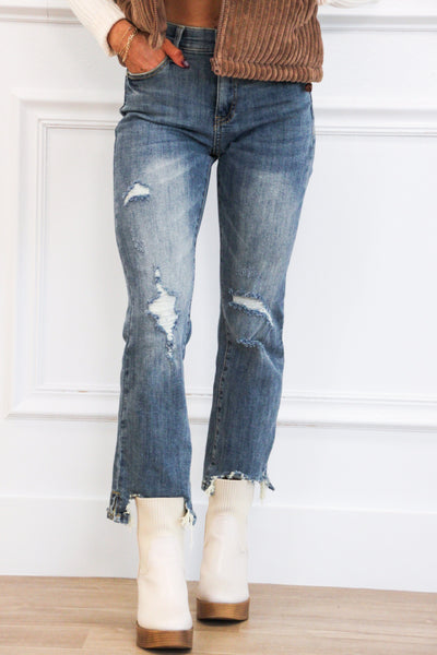 Jayme Distressed Straight Denim: Dark Wash - Bella and Bloom Boutique