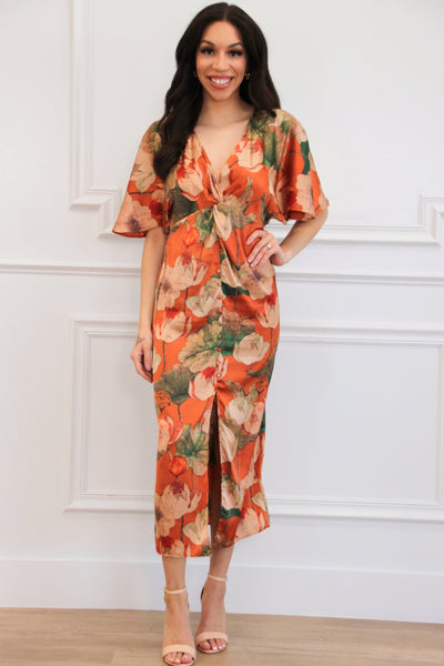 Leaves Falling Satin Floral Button Maxi Dress: Rust - Bella and Bloom Boutique