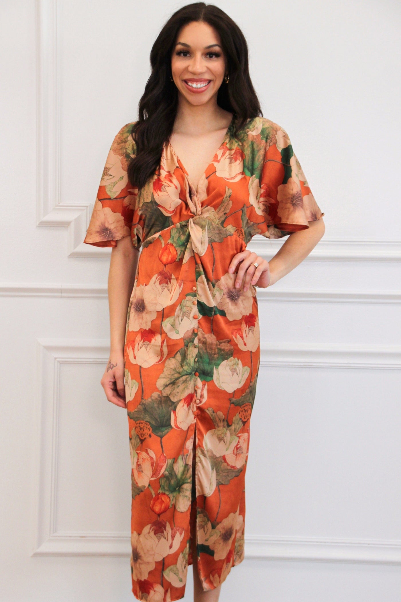 Leaves Falling Satin Floral Button Maxi Dress: Rust - Bella and Bloom Boutique